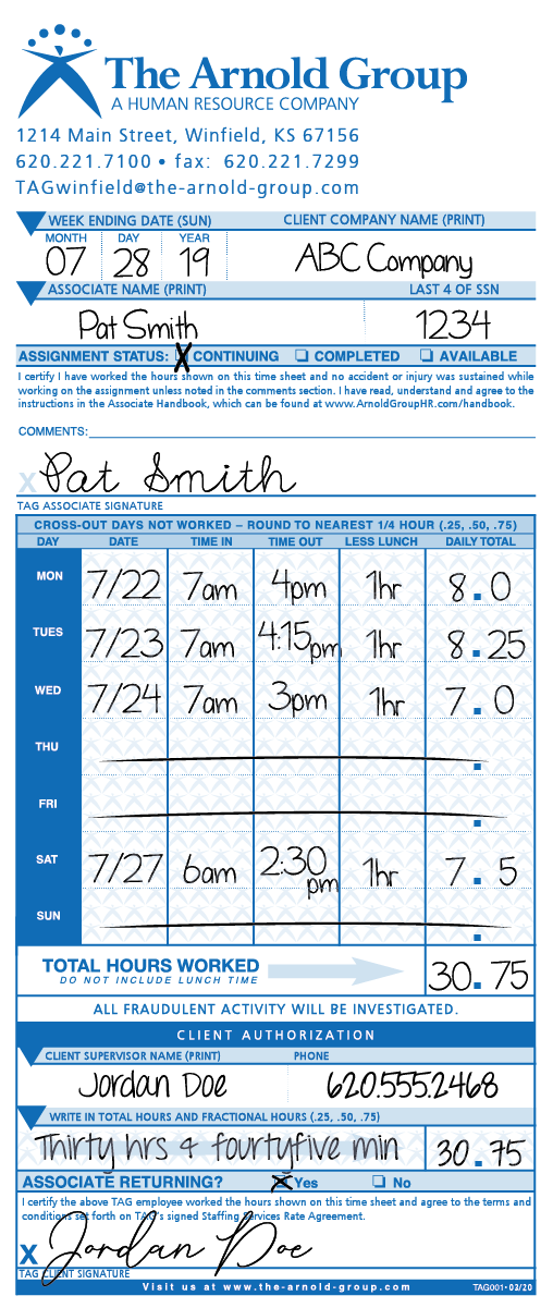 Timesheet filled out example 1